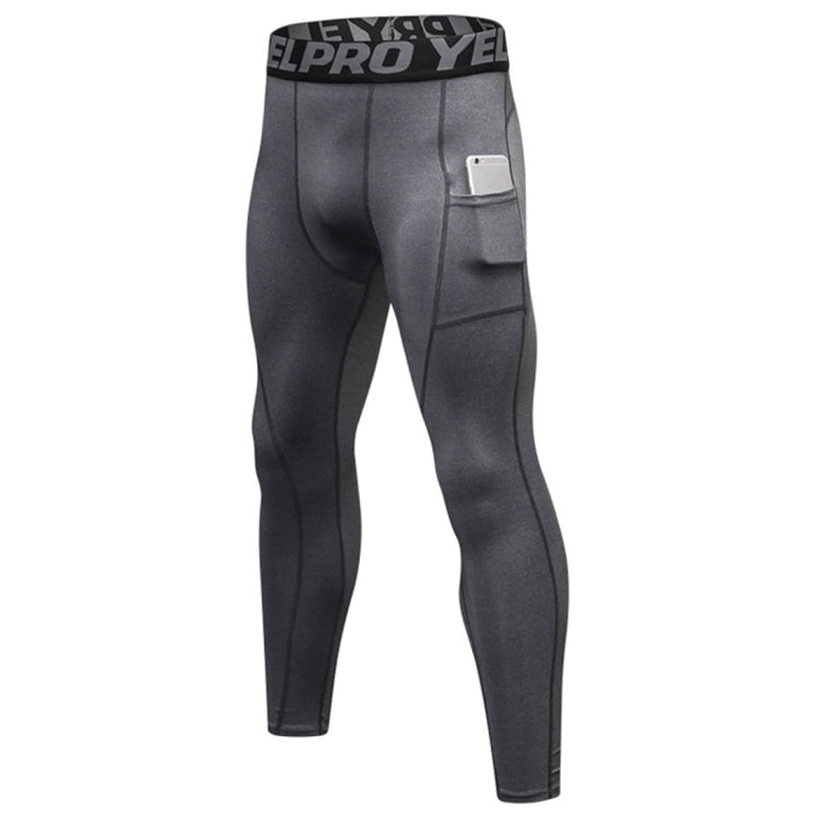 Gray compression tights with side pocket panel and breathable stretch construction.