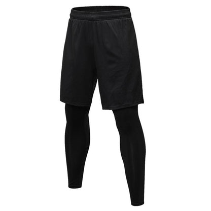 Two-piece fitness pants with black shorts over black leggings and elastic waistband.