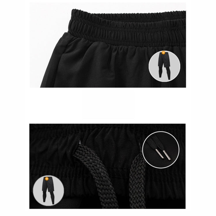 Black two-piece pants detail: elastic waistband with shorts overlay and drawstring cord.