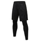 Black two-layer workout pants: shorts overlay with fitted leggings, elastic waist.