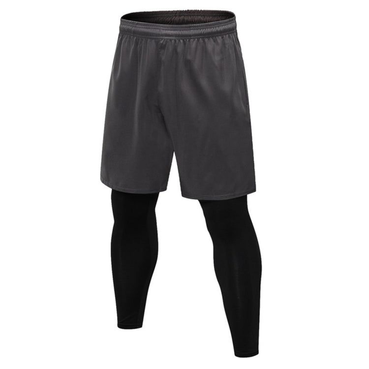 Two-layer workout pants with dark gray shorts and black full-length leggings