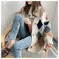 Long-sleeve argyle knit cardigan, cream and khaki with navy diamond pattern, gold buttons