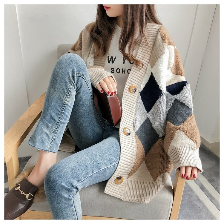 Long-sleeve argyle knit cardigan, cream and khaki with navy diamond pattern, gold buttons