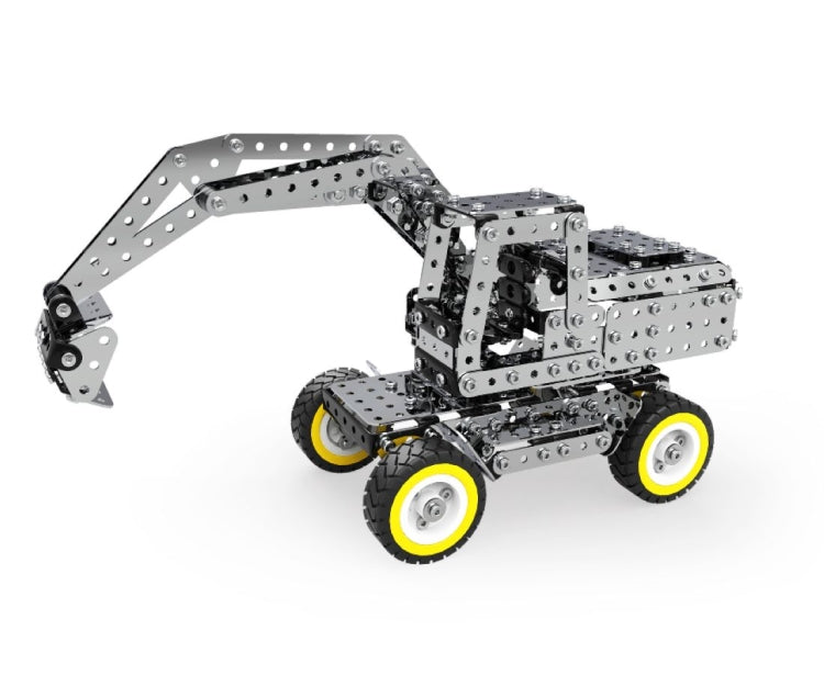 Metallic gray excavator building block kit with articulated boom, bucket, and yellow wheels