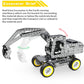 DIY excavator building blocks with moving boom and bucket, yellow wheel highlights