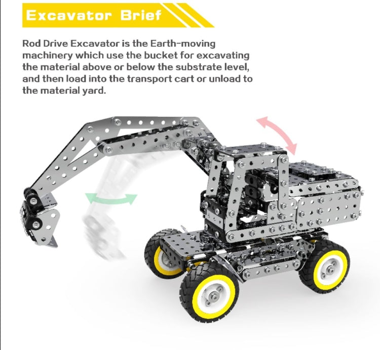 DIY excavator building blocks with moving boom and bucket, yellow wheel highlights