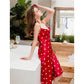 Red heart-pattern satin slip nightdress with thin straps and asymmetrical side slit