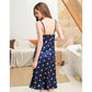 Blue heart-pattern satin slip nightdress with open-back spaghetti straps
