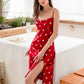 Red heart-pattern satin slip nightdress, sleeveless with side slit