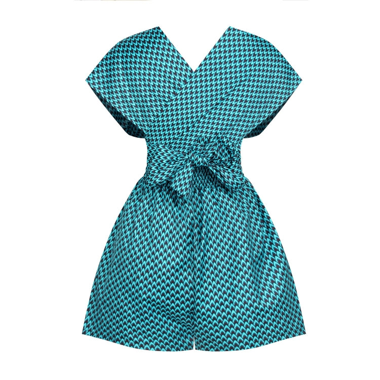Teal patterned sleeveless romper with draped V-neck and tied elastic waist, wide legs