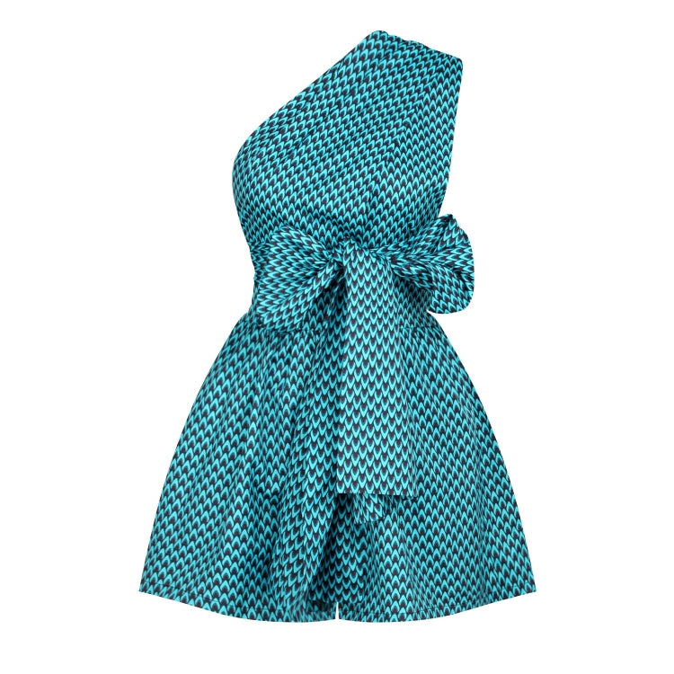 Teal patterned sleeveless romper, side bow at elastic waist, wide flared shorts