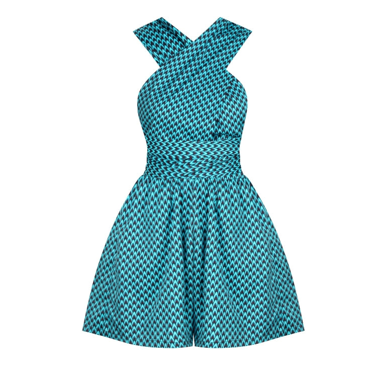 Teal patterned sleeveless romper with crisscross bodice and gathered skirt/shorts