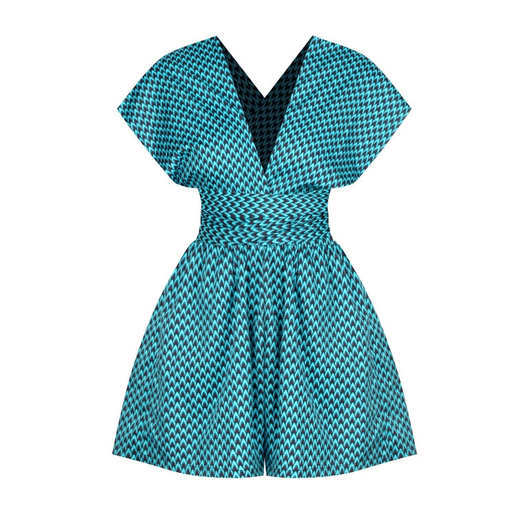 Teal patterned romper with off-shoulder flutter sleeves and elastic gathered waist
