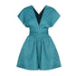 Teal patterned sleeveless romper with V-neck, flutter sleeves, and elastic waist