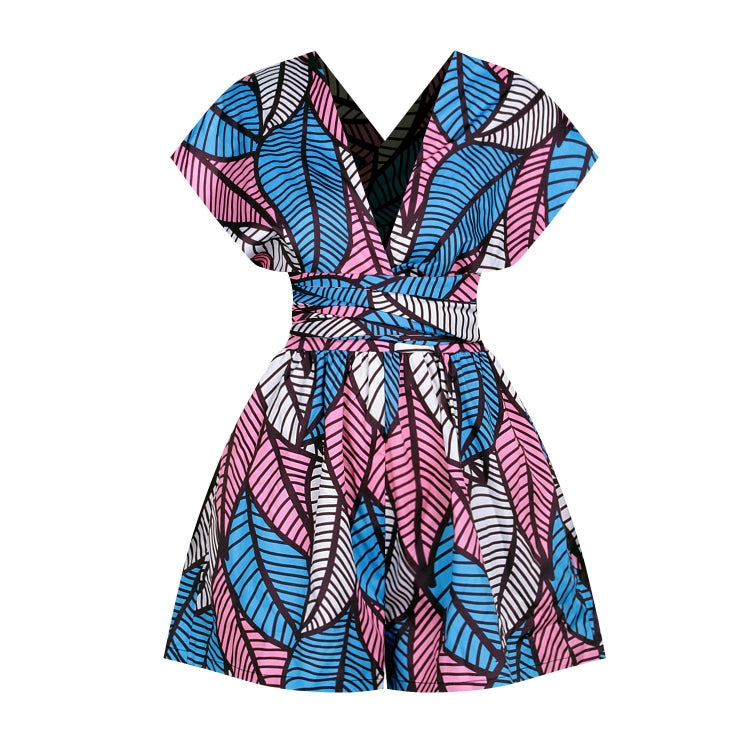 Women's loose print jumpsuit with batwing sleeves, V-neck, and cinched waist tie