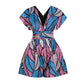 Women's V-neck printed jumpsuit with elastic waist and multicolor abstract leaf pattern