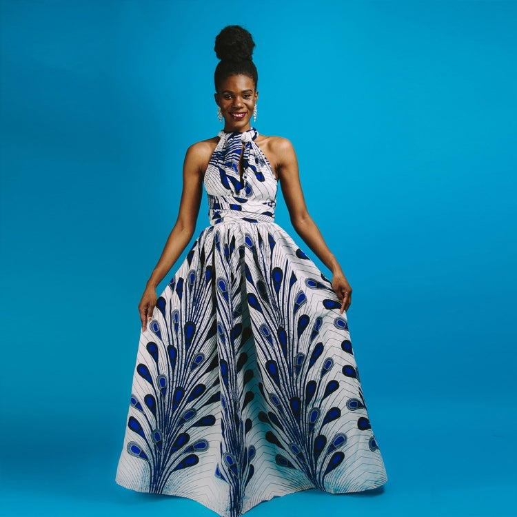 Feather-print halter-style maxi dress on model with full skirt and gathered waist