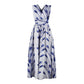 White base feather-print sleeveless maxi dress with V neckline and gathered waist