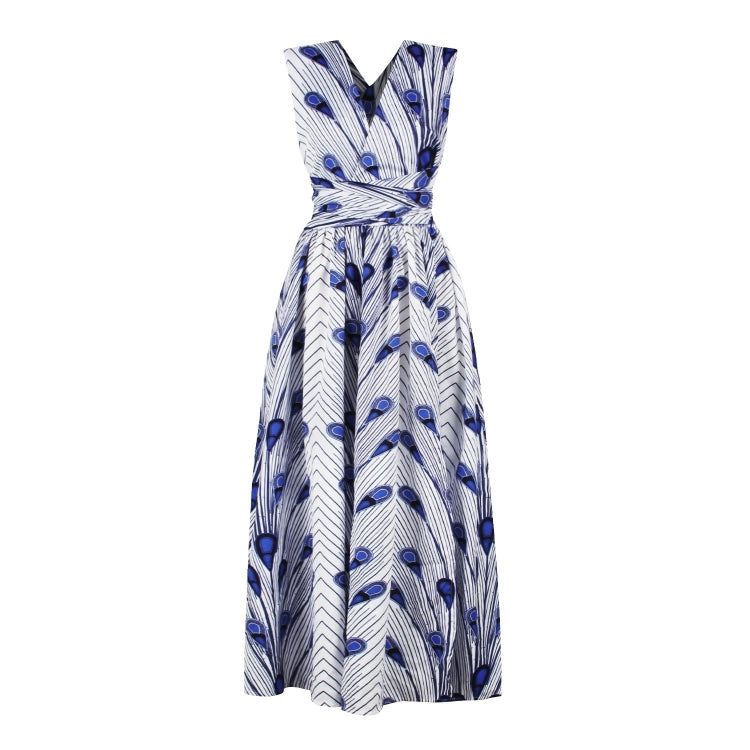 White base feather-print sleeveless maxi dress with V neckline and gathered waist