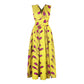 Yellow feather-print sleeveless V-neck dress with ruched waist and flared skirt
