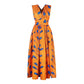 Orange feather-print sleeveless V-neck dress with ruched waist and flared skirt