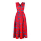 Red feather-print sleeveless V-neck dress with fitted bodice and pleated flare