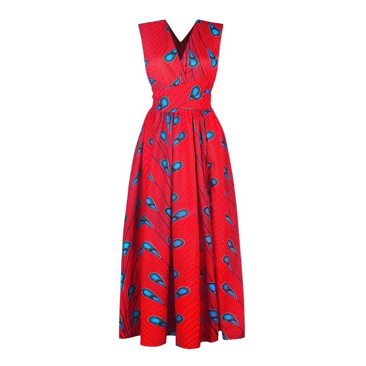 Red feather-print sleeveless V-neck dress with fitted bodice and pleated flare