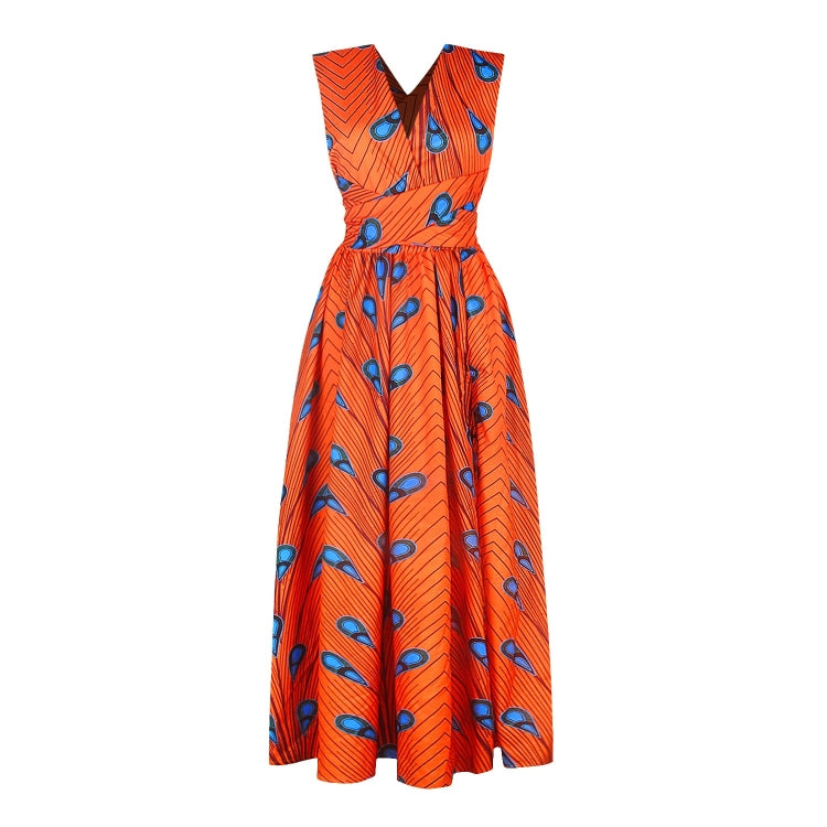 Orange sleeveless V-neck midi dress featuring blue feather print and cinched waist