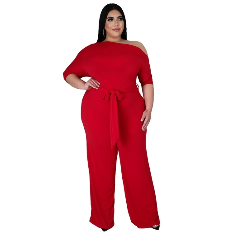 Red off-shoulder jumpsuit with drawstring waist and wide-leg pants, full body view