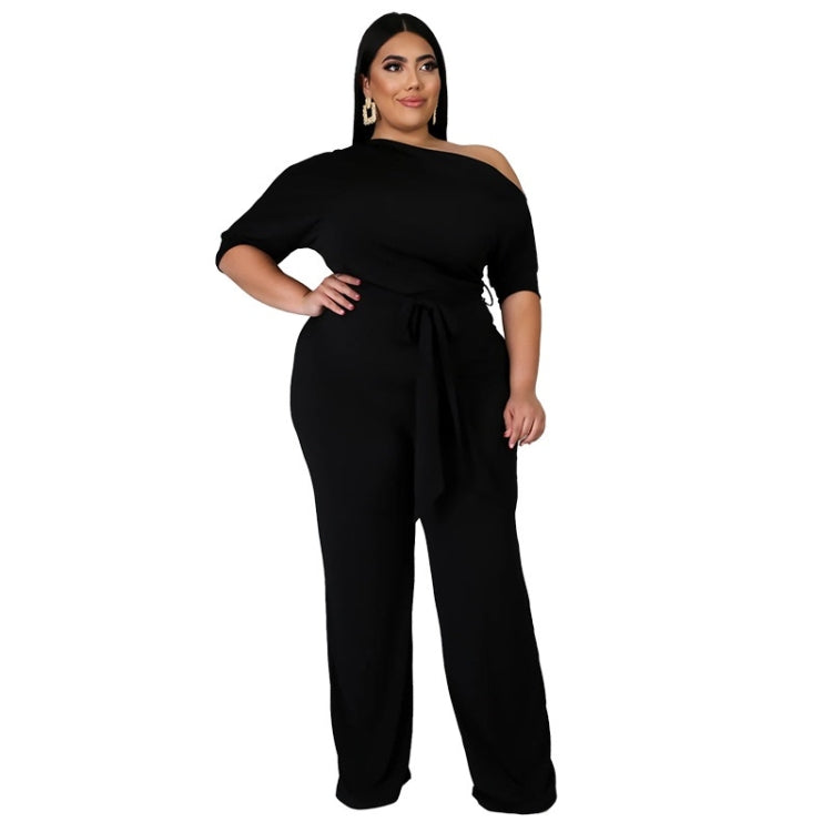 Black off-shoulder jumpsuit with tie waist and wide-leg pants, short sleeves