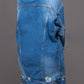 Women’s ripped denim trench coat back view with back yoke seam and distressed hem