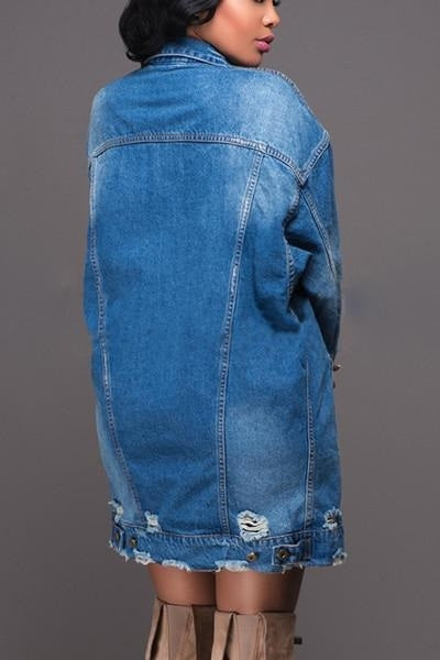 Women’s ripped denim trench coat back view with back yoke seam and distressed hem