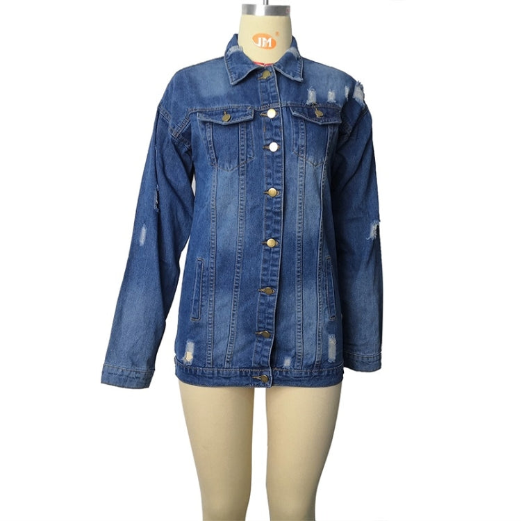 Women’s ripped mid-length denim trench coat on mannequin with button front and flap pockets