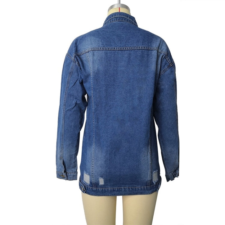 Women’s ripped mid-length denim trench coat back view with buttoned cuffs