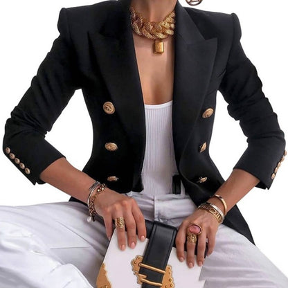 Black double-breasted long-sleeve cardigan blazer with gold button detailing