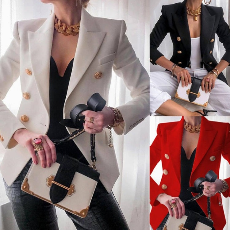 Light beige double-breasted long-sleeve cardigan blazer with gold button detailing