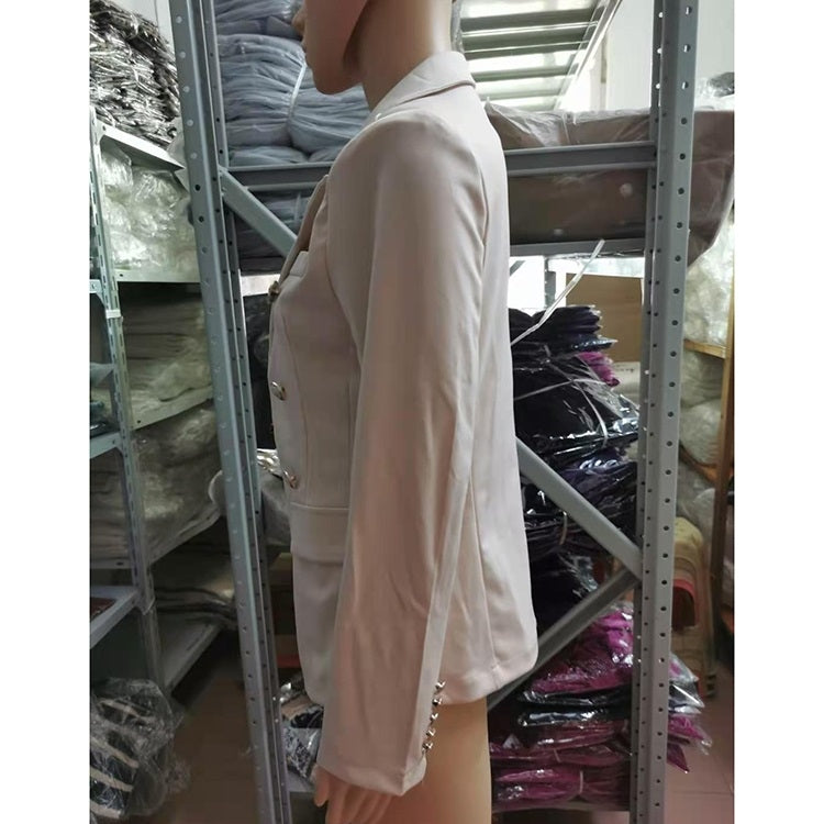 Beige long-sleeve cardigan blazer with single-breasted front and button accents