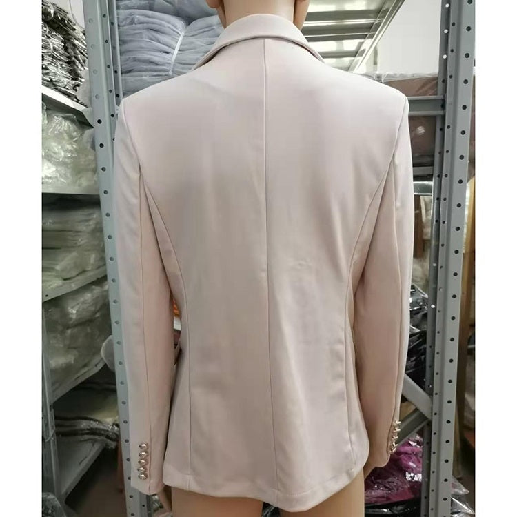 Beige long-sleeve cardigan blazer back view with stitched seam details