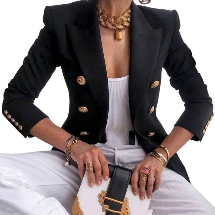 Black double-breasted long-sleeve cardigan blazer, gold buttons and peaked lapels