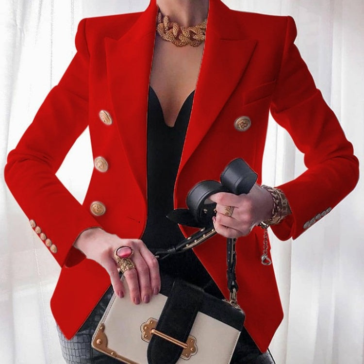Red double-breasted long-sleeve cardigan blazer with gold button detailing