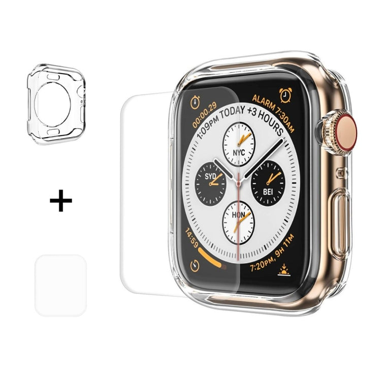 Clear TPU Apple Watch case with screen protector film for 44mm, shown on watch