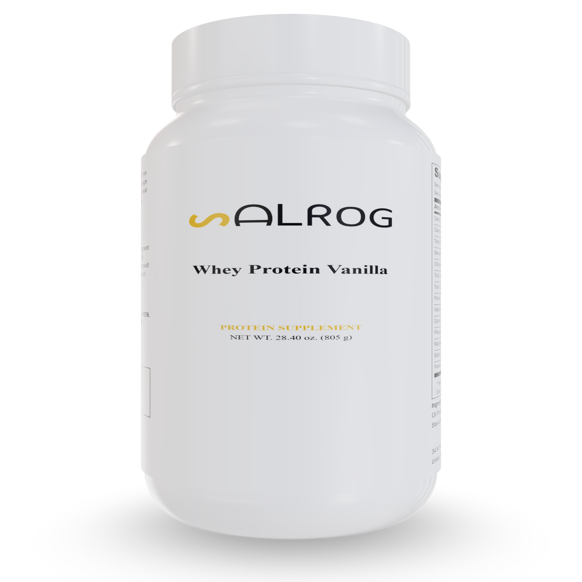 Whey protein powder tub, vanilla flavor, white ALROG label