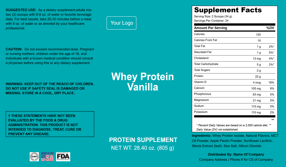Supplement Facts panel for whey protein vanilla powder with serving details
